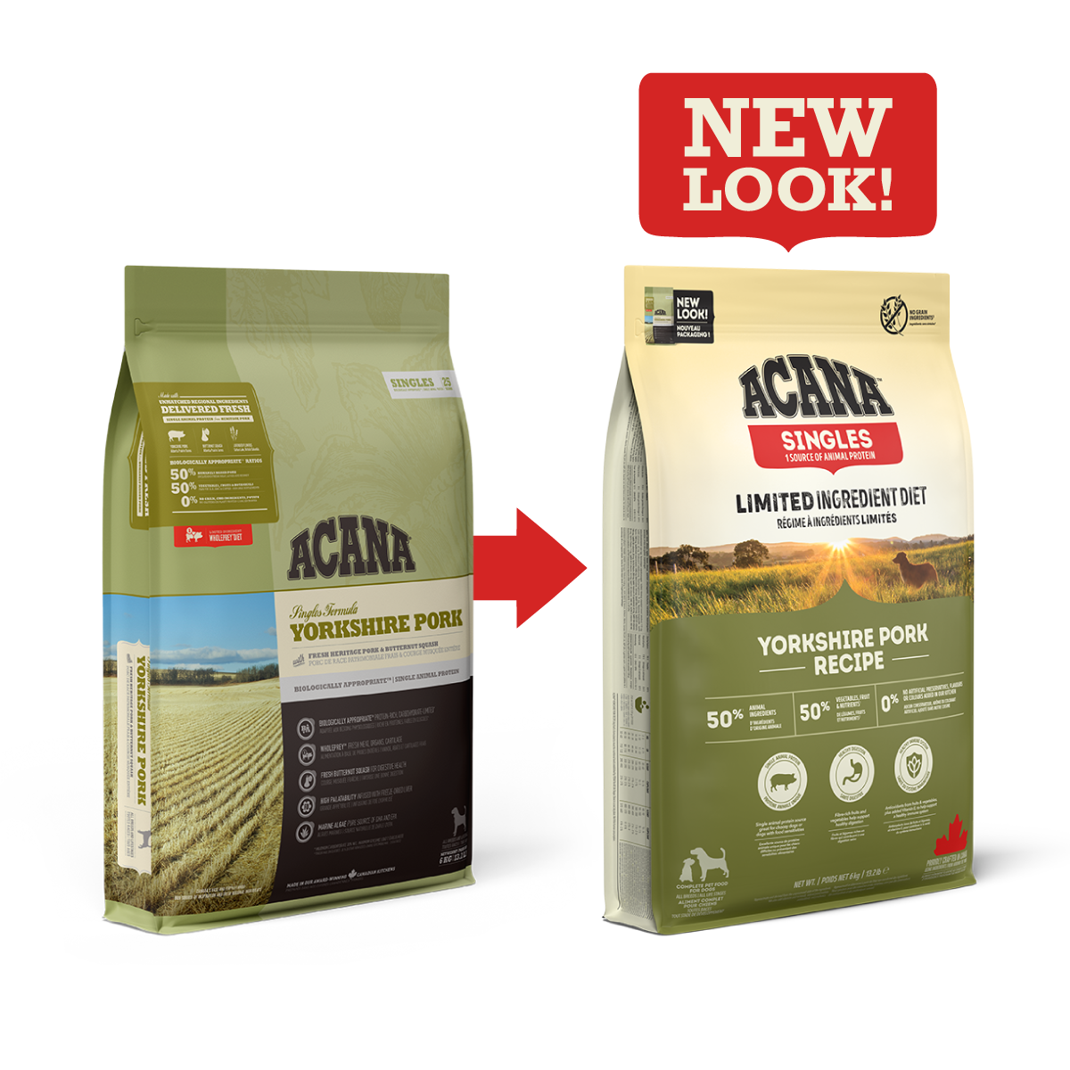 Acana Singles Yorkshire Pork Dog Food – back of bag packaging with nutrition details (SA)