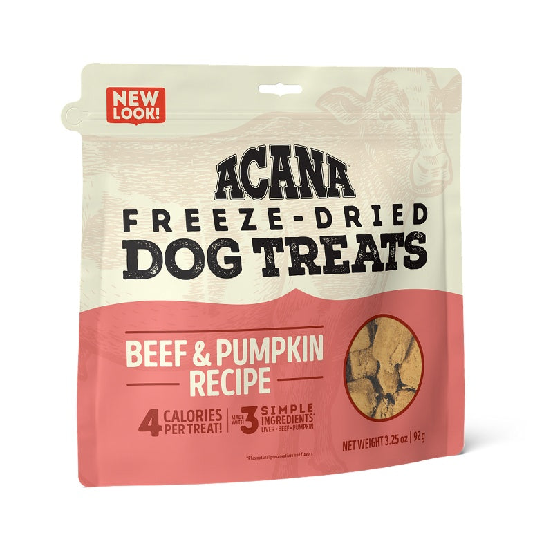 Acana Beef & Pumpkin Freeze-Dried Dog Treats – front of bag packaging (South Africa)