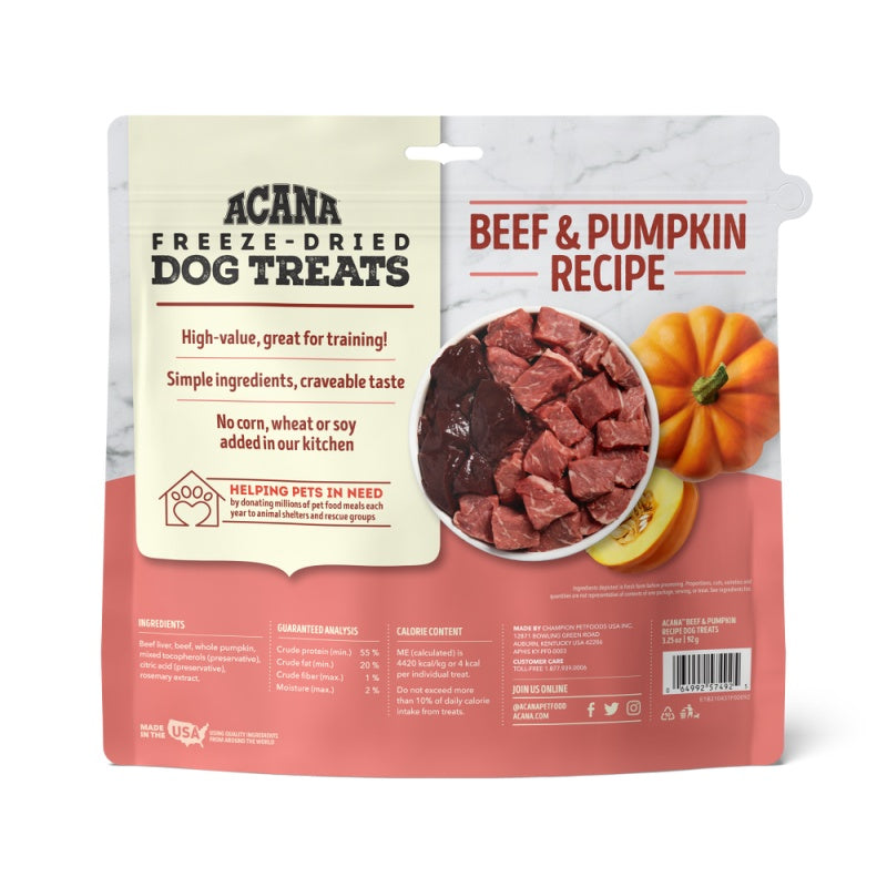 Acana Beef & Pumpkin Freeze-Dried Dog Treats – back of bag packaging with nutrition details (SA)