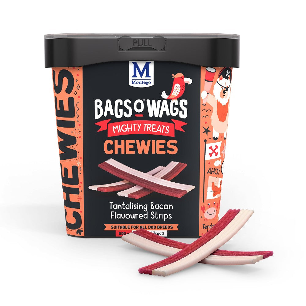 Montego Bags O' Wags Chewies - Bacon 500g Tub Front View with Treats