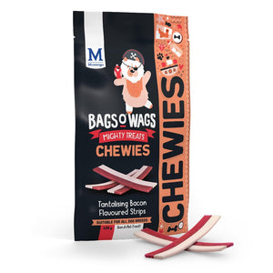 Montego Bags O' Wags Chewies - Bacon 120g Pouch Front View with Treats