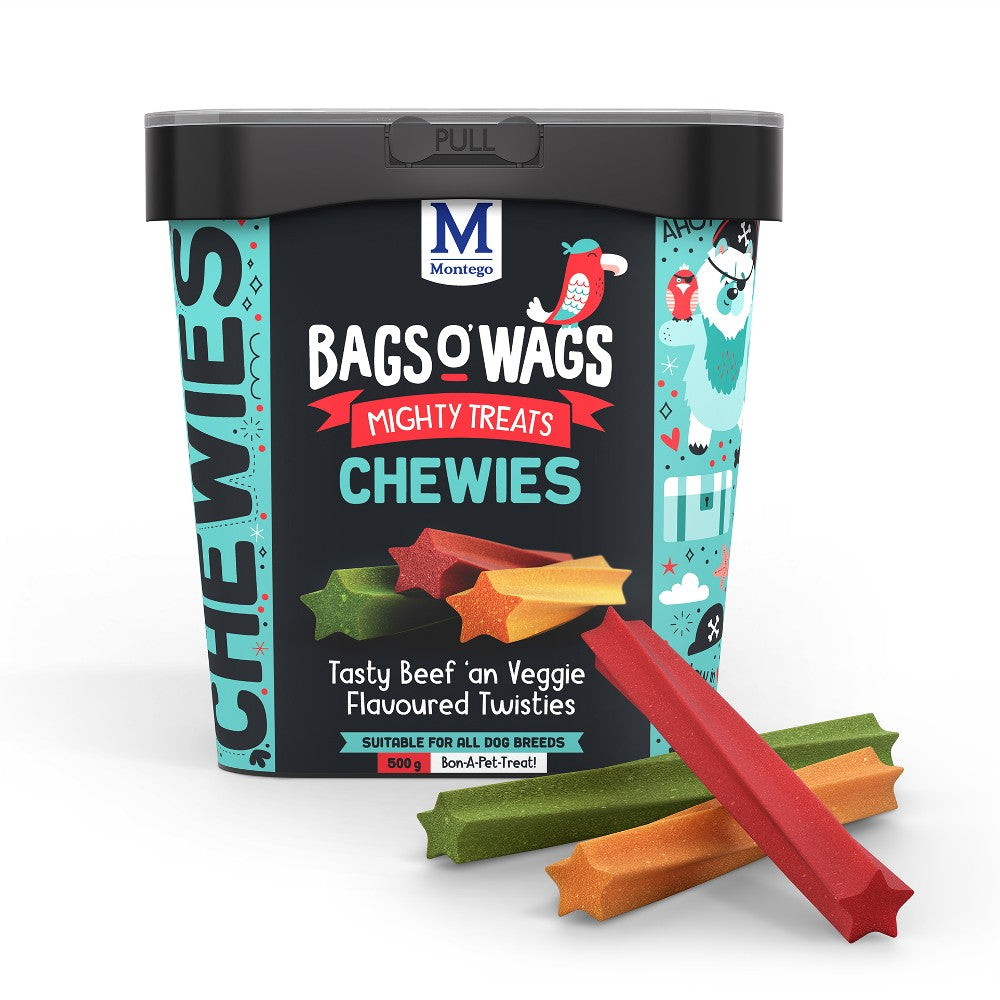 Montego Bags O' Wags Chewies -  Beef & Veggies 500g Tub Front View with Treats