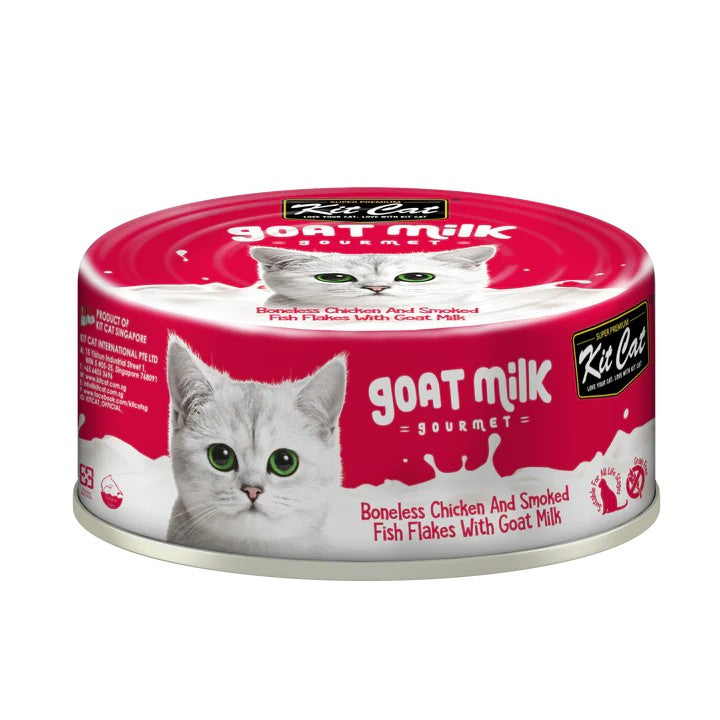 Kit Cat Wet Cat Food Boneless Chicken Shreds & Smoked Fish Flakes with Goat's Milk