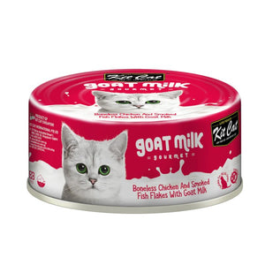 Kit Cat Wet Cat Food Boneless Chicken Shreds & Smoked Fish Flakes with Goat's Milk