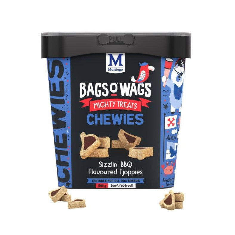 Montego Bags O' Wags Chewies BBQ Tjoppies Packaging 500g Front With Treats