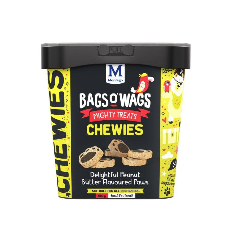 Montego Bags O' Wags Chewies - Peanut Butter Paws Packaging Front 500g