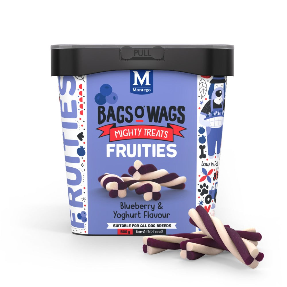 Montego Bags O' Wags Fruities - Blueberry & Yoghurt Packaging Front with Treats