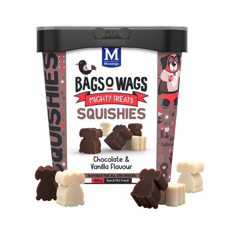 Montego Bags O' Wags Squishies - Chocolate & Vanilla 500g Tub Front View with Treats