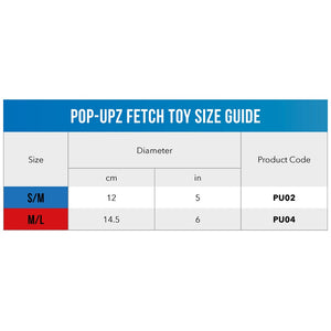 Rogz Pop-Upz Self-Righting Float and Fetch Dog Toy Size Guide