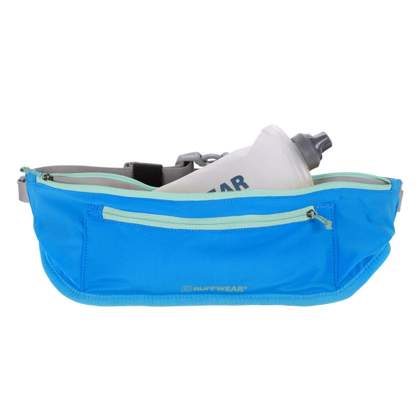 Ruffwear Trail Runner Belt Blue Pool Front View With Water Bottle