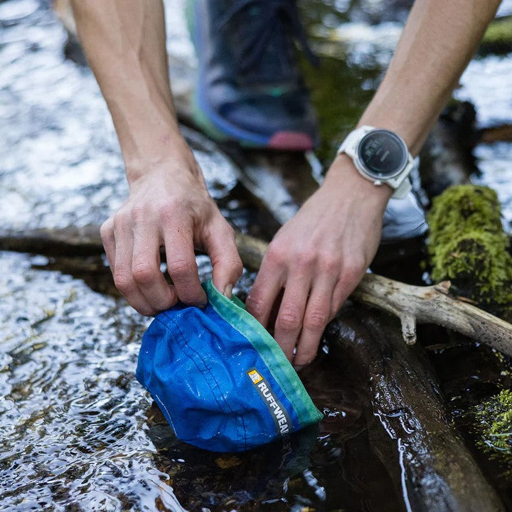 Ruffwear Trail Runner Ultralight Dog Bowl - lifestyle image with pet online in South Africa