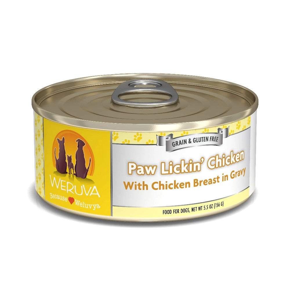 Weruva Canned Dog Food - Paw Lickin' Chicken - lifestyle image with pet delivered in South Africa