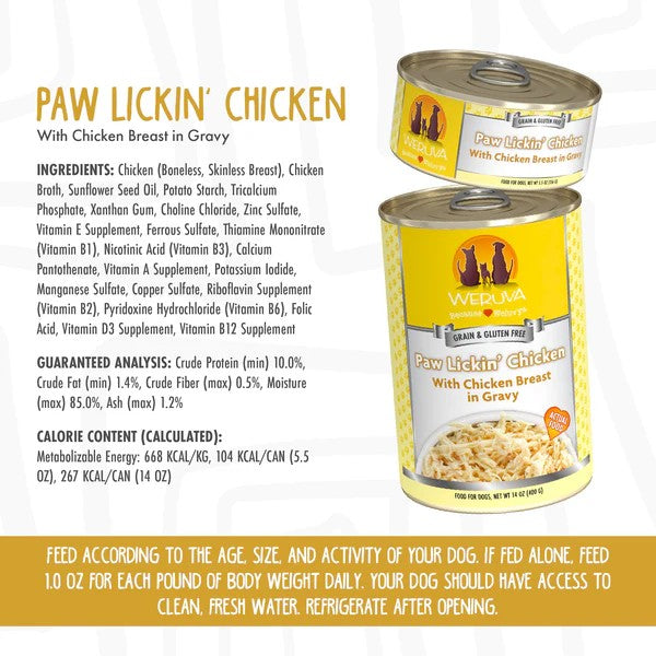 Weruva Canned Dog Food - Paw Lickin' Chicken - lifestyle image with pet South Africa retail