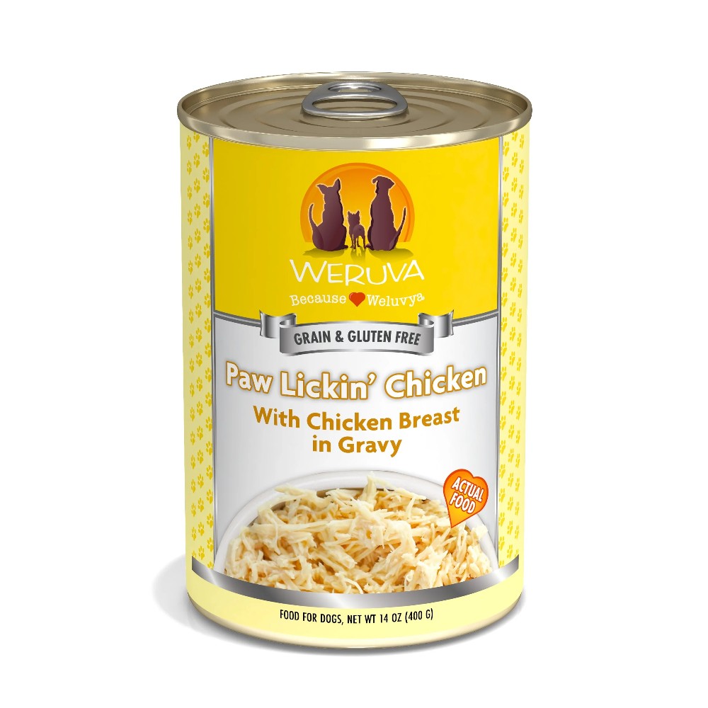 Weruva Canned Dog Food - Paw Lickin' Chicken - lifestyle image with pet available in South Africa