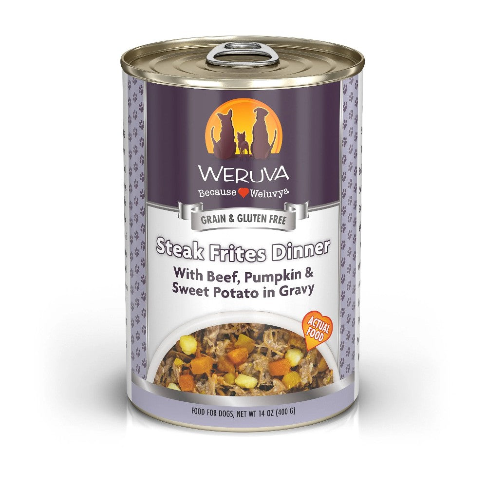 Weruva Canned Dog Food - Steak Frites - lifestyle image with pet for South Africa