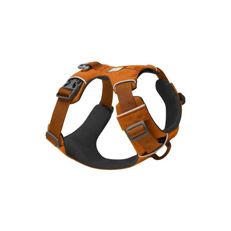 Durable orange dog harness with adjustable straps for comfort and control during walks.