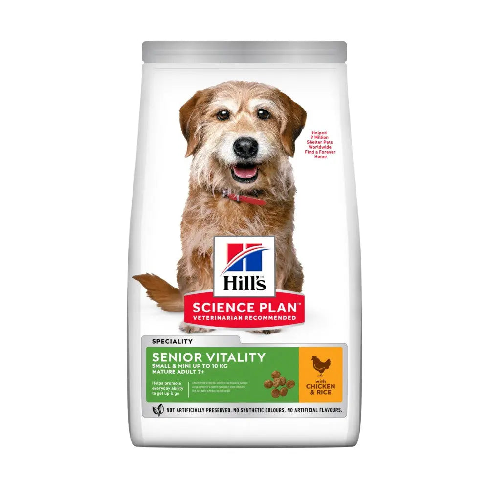 Hill's Science Plan Senior Vitality dog food bag with chicken and rice for mature dogs.