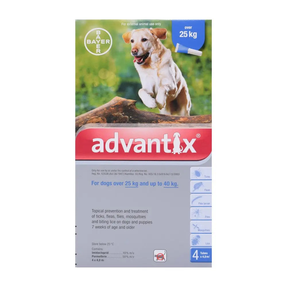 Advantix flea and tick treatment for dogs over 25 kg, featuring a playful dog on the packaging.