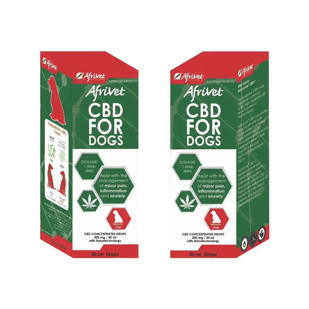 Afrivet CBD drops for dogs, 30 ml, designed to manage pain and anxiety in pets.
