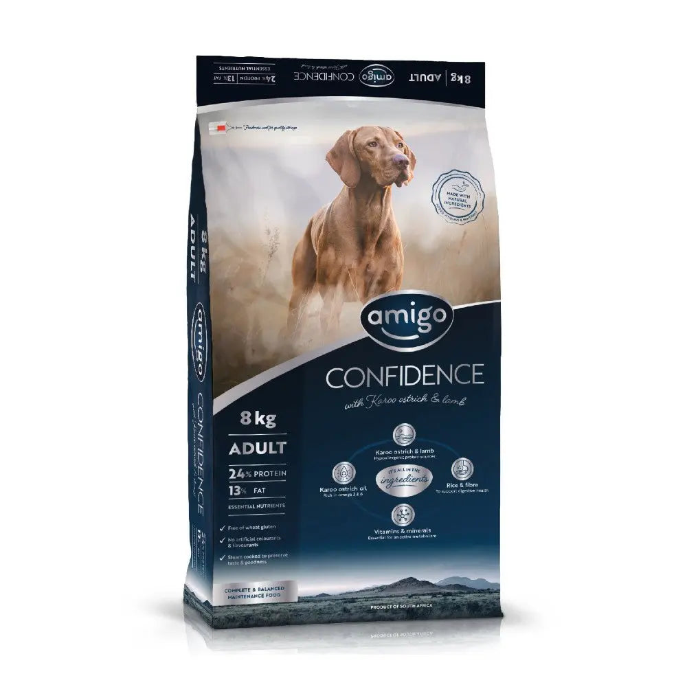 Dog food bag featuring Amigo Confidence with chicken and lamb, 8 kg, 24% protein, and 13% fat.