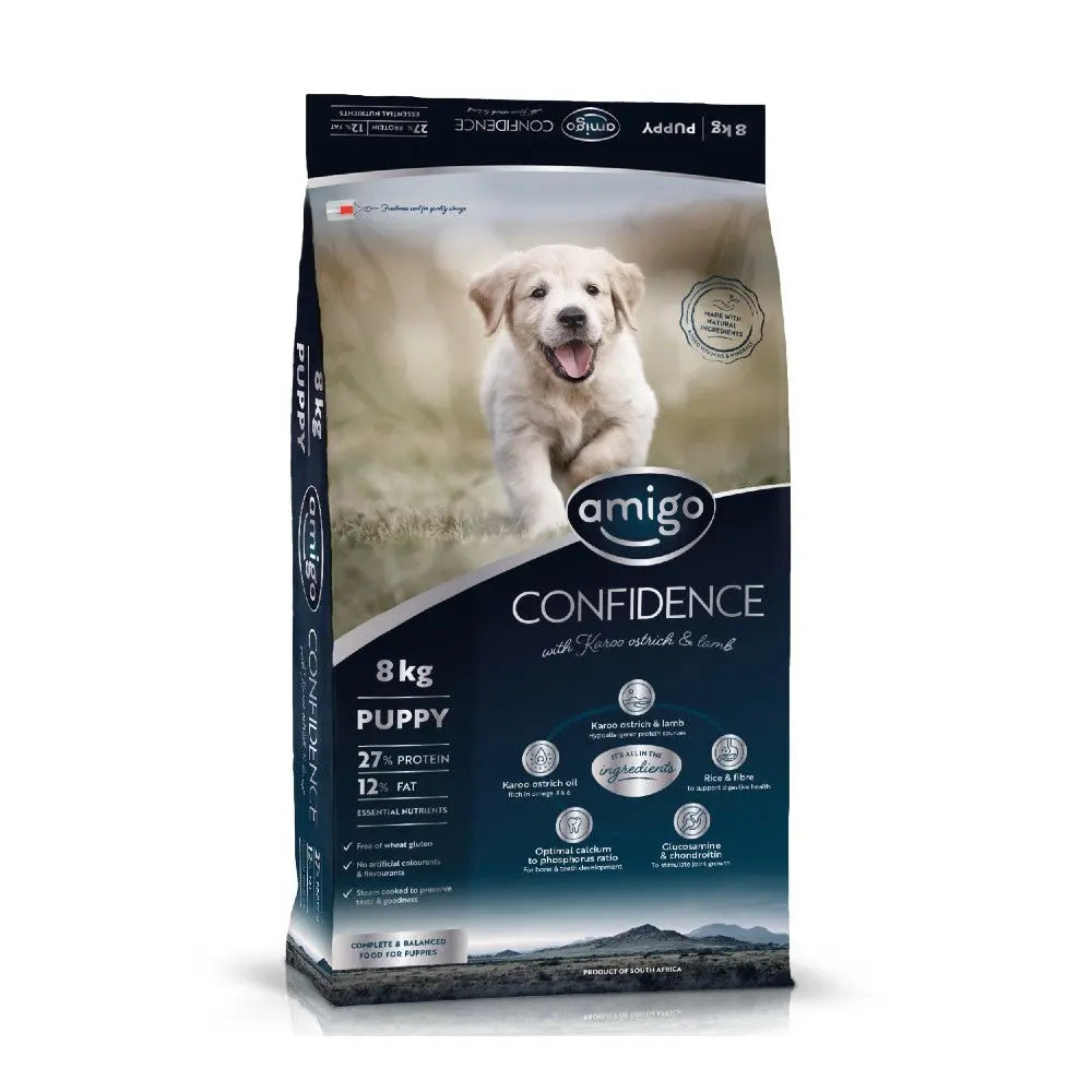Puppy food bag featuring Amigo Confidence with 27% protein and 12% fat for healthy growth.