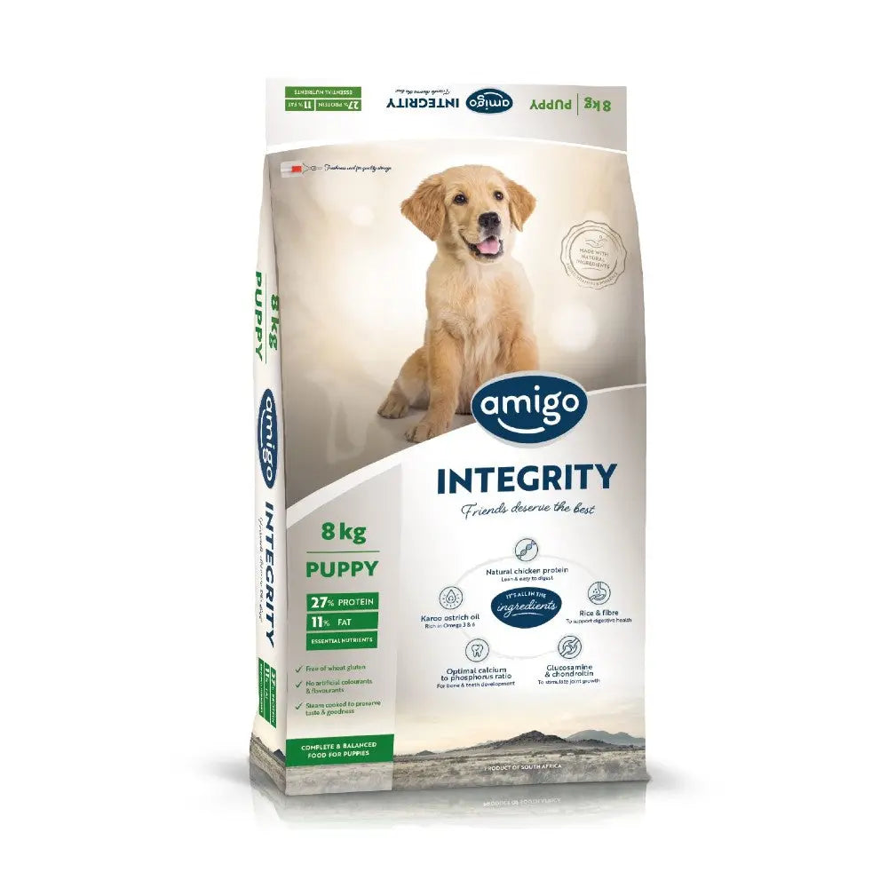 Amigo Integrity puppy food bag, 8 kg, featuring a happy puppy and nutritional information.