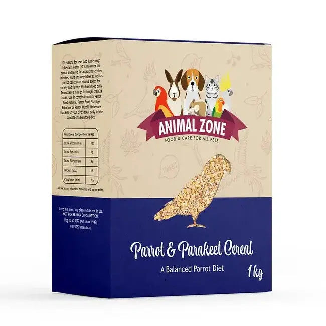 Parrot and parakeet cereal box featuring a balanced diet for pet birds.