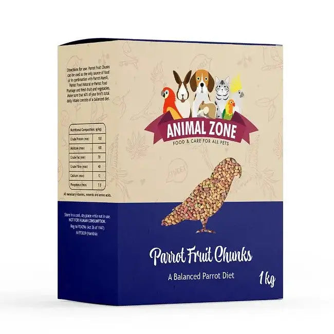Parrot Fruit Chunks packaging showcasing a balanced diet for pet birds, 1 kg box.