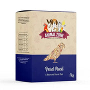 Parrot Muesli packaging featuring a balanced diet for parrots, 1 kg box with colorful animal graphics.