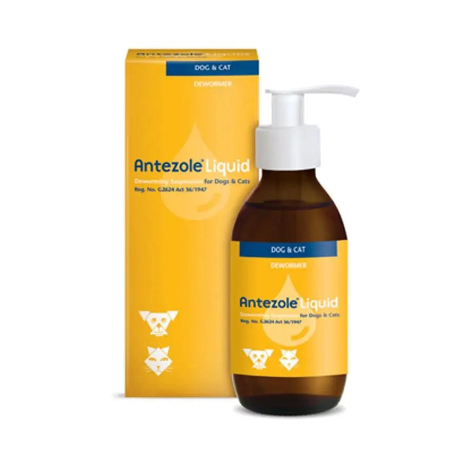 Antezole liquid dewormer for dogs and cats in a brown bottle with a yellow box packaging.