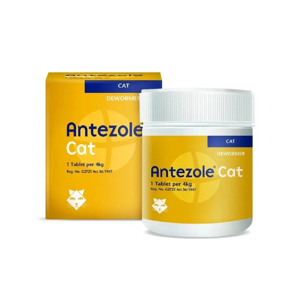 Antezole Cat dewormer packaging with tablet container and box for feline health.