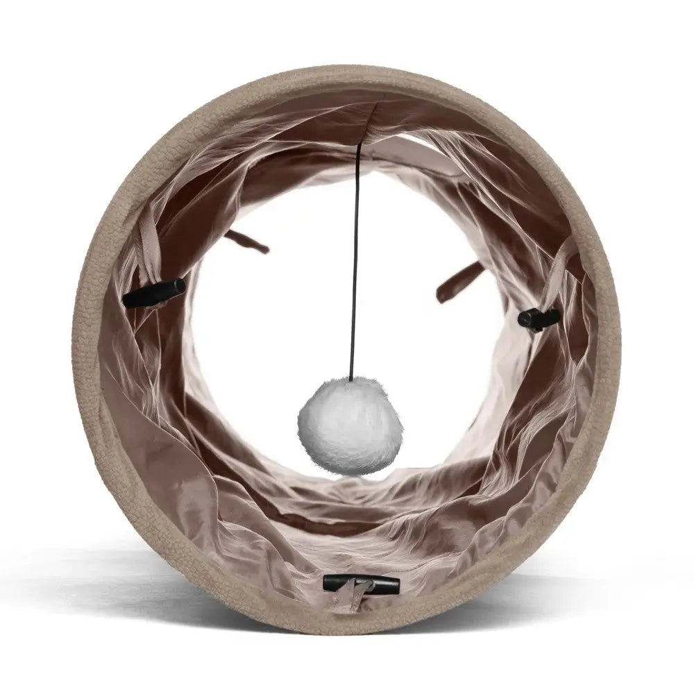 Cat tunnel with a hanging pom-pom toy for playful indoor fun and exercise.