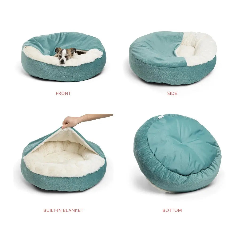 Cozy pet bed with removable blanket, featuring a soft interior and stylish teal exterior.