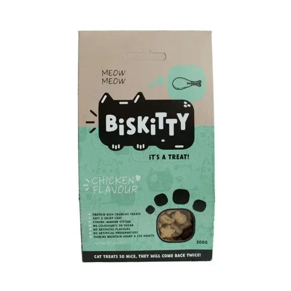 Biskitty chicken-flavored cat treats in a 200g package, featuring a playful design and clear ingredient label.