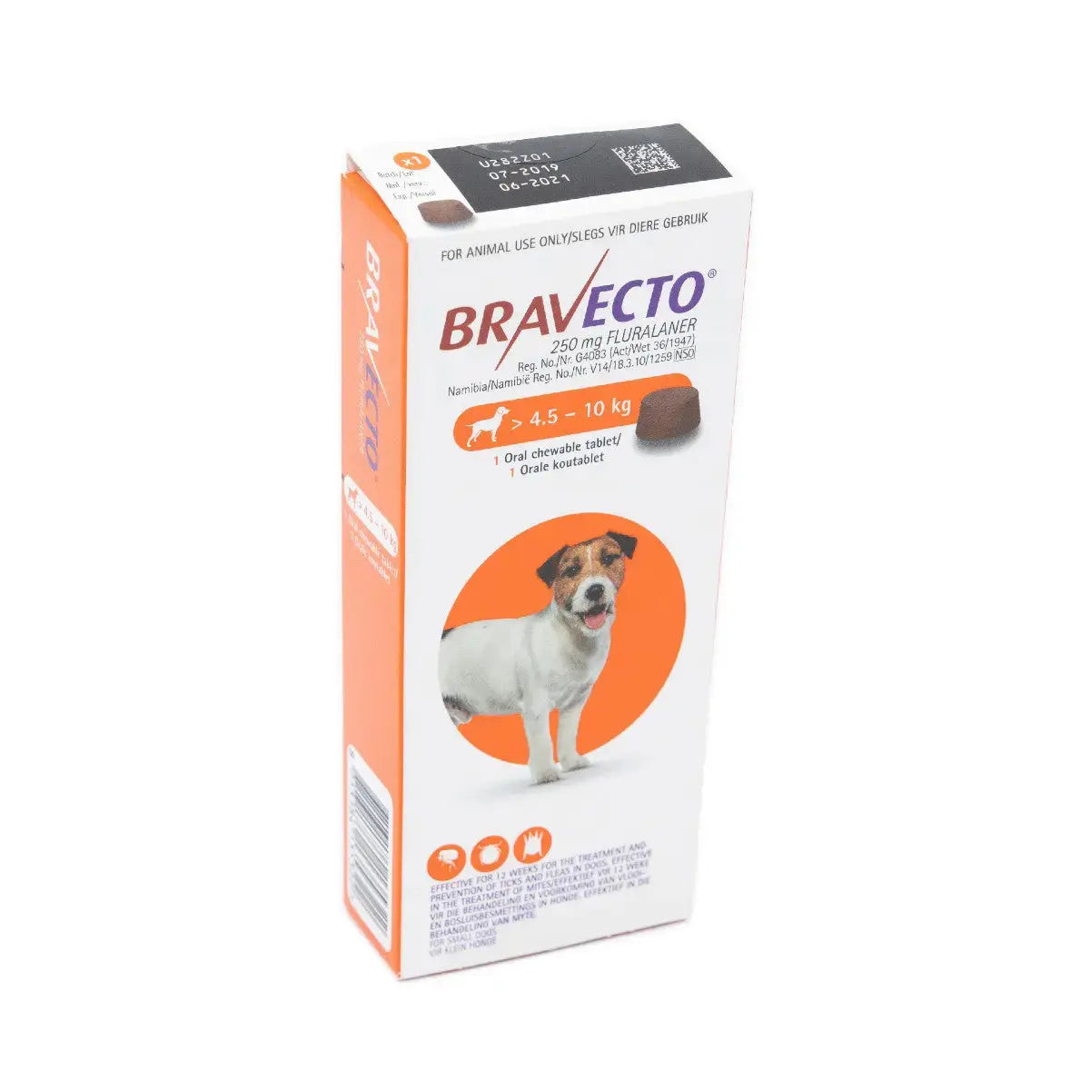 Bravecto chewable for dogs 4.5-10 kg, effective flea and tick treatment in convenient packaging.