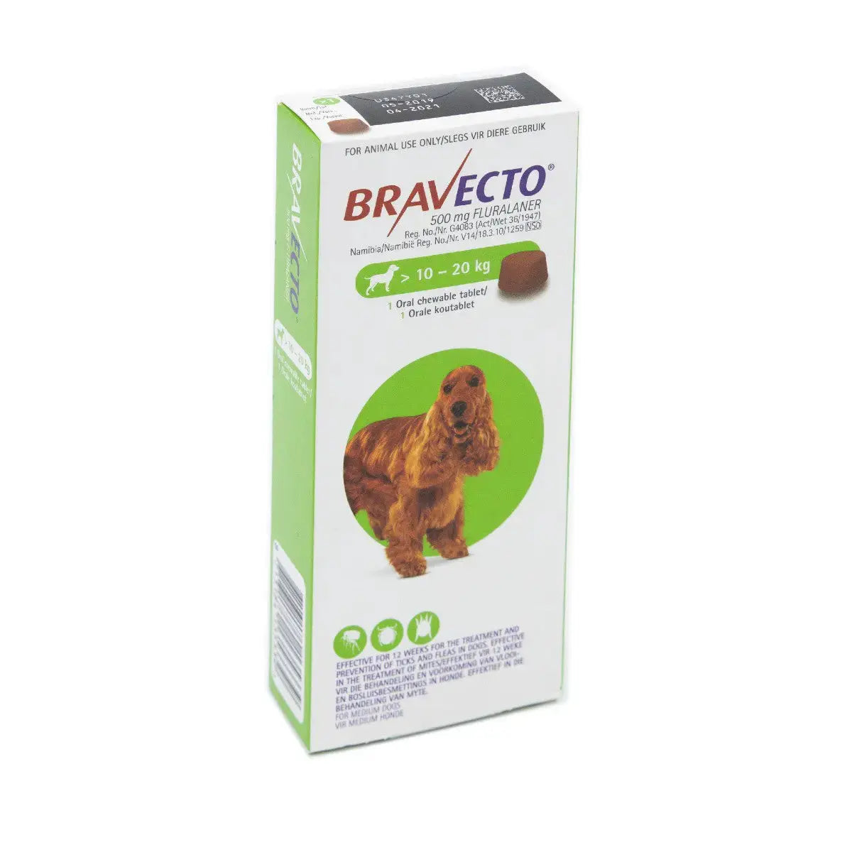 Bravecto chewable for dogs 10-20 kg, effective flea and tick treatment in packaging.