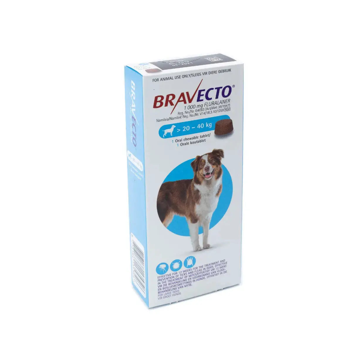 Bravecto chewable tablet packaging for dogs 20-40 kg, effective flea and tick treatment.