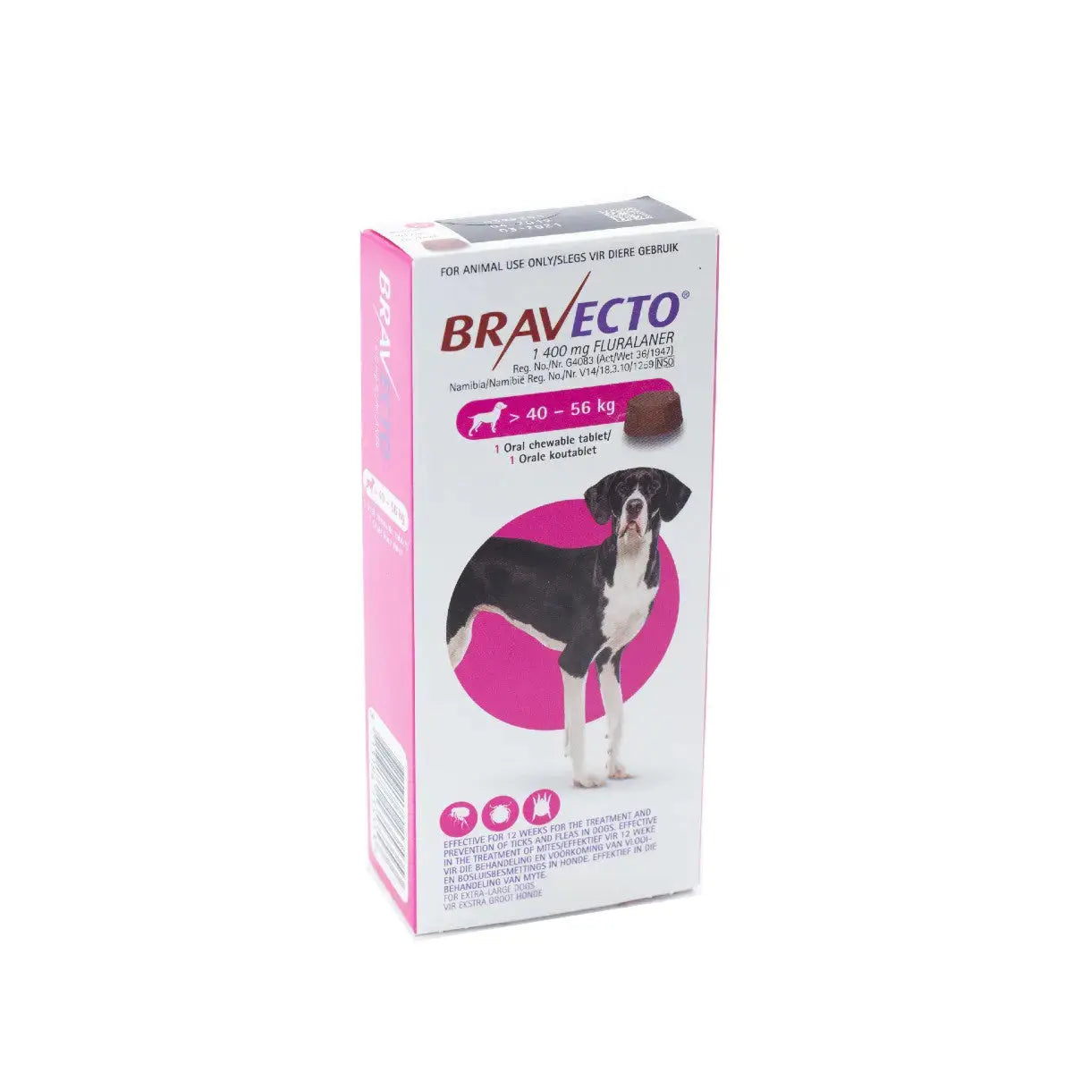 Bravecto flea and tick treatment for dogs 40-56 kg, featuring packaging and dosage information.