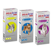 Bravecto Plus flea and tick treatment for cats, available in three weight-specific packaging options.