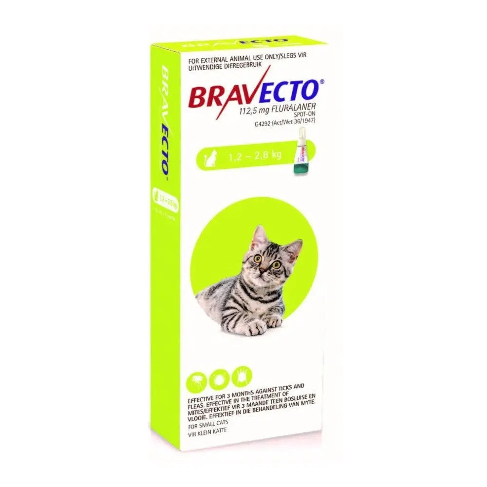 Bravecto for cats, effective against ticks and fleas, 112.5 mg, packaging with clear dosage instructions.