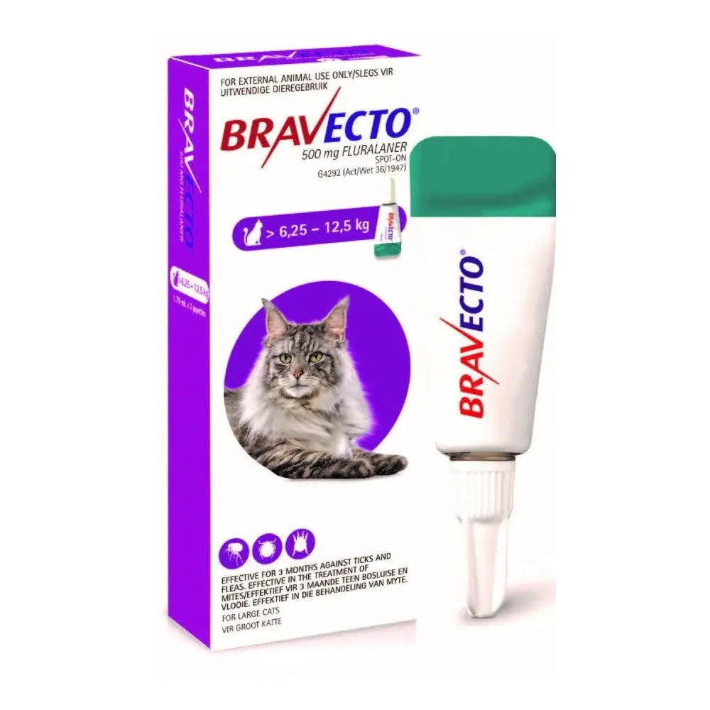 Bravecto topical treatment for cats, effective against fleas and ticks for up to three months.
