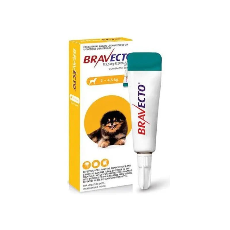 Bravecto flea treatment for dogs, effective for 2-4.5 kg, with packaging and dosage information.