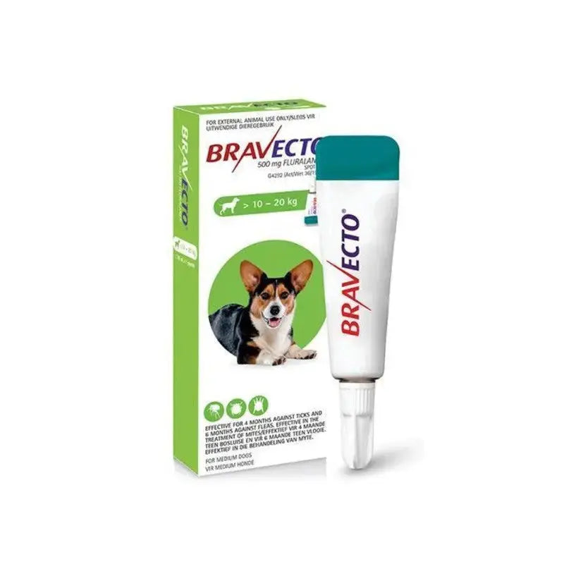 Bravecto topical treatment for dogs, effective against fleas and ticks, suitable for pets 10-20 kg.