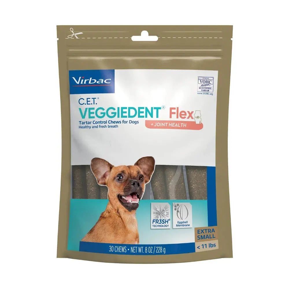 VIRBAC C.E.T. Veggiedent Flex chews for dogs promote dental health and fresh breath in extra small sizes.