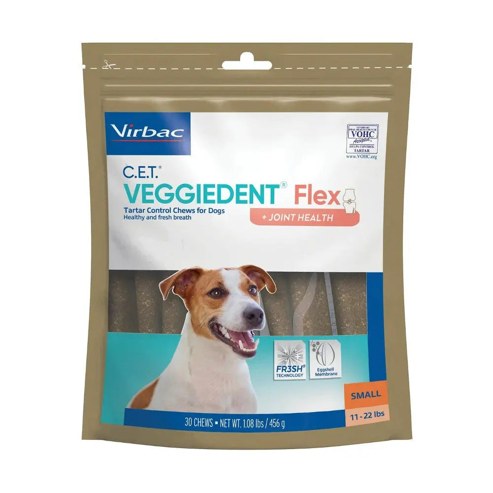 Virbac C.E.T. Veggiedent Flex chews for dogs, promoting dental health and fresh breath.
