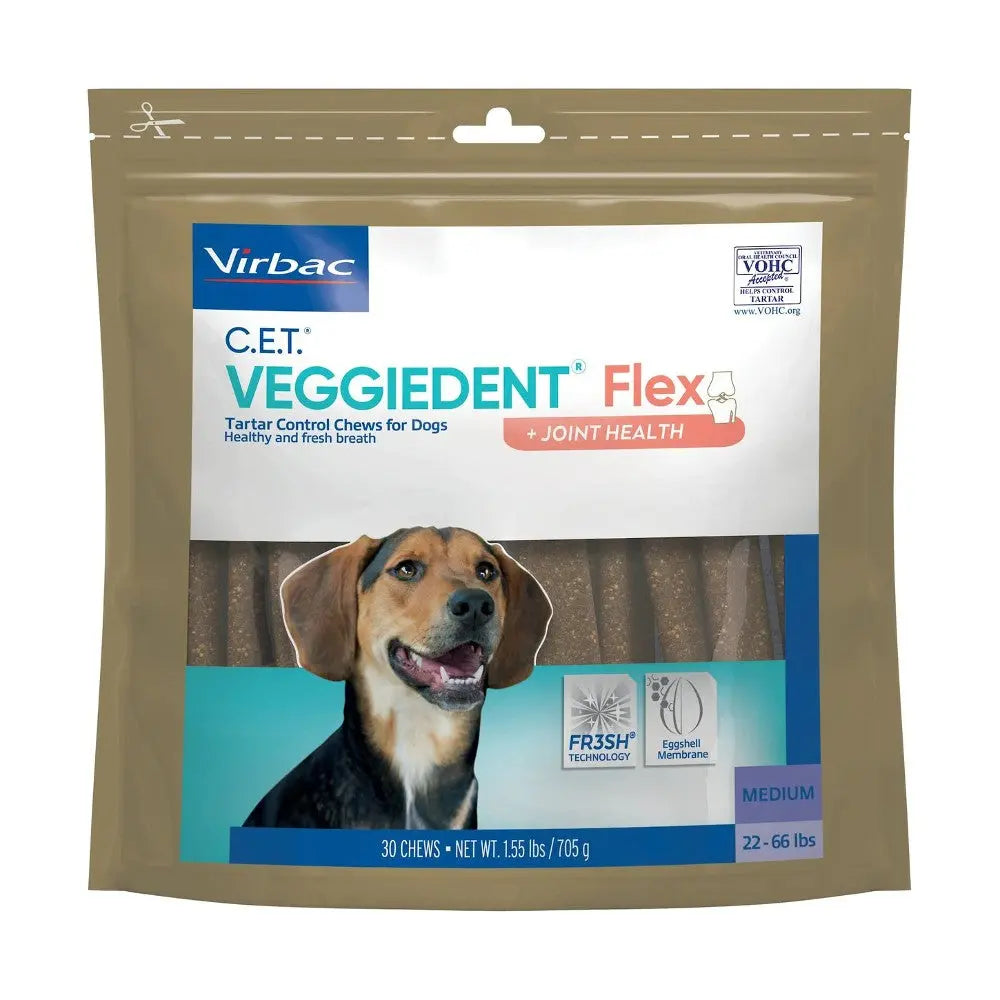 Virbac C.E.T. Veggiedent Flex chews for dogs promote dental health and fresh breath in a convenient package.