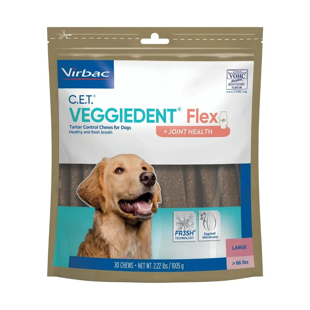 C.E.T. Veggiedent Flex chews for dogs, promoting tartar control and joint health in a convenient package.