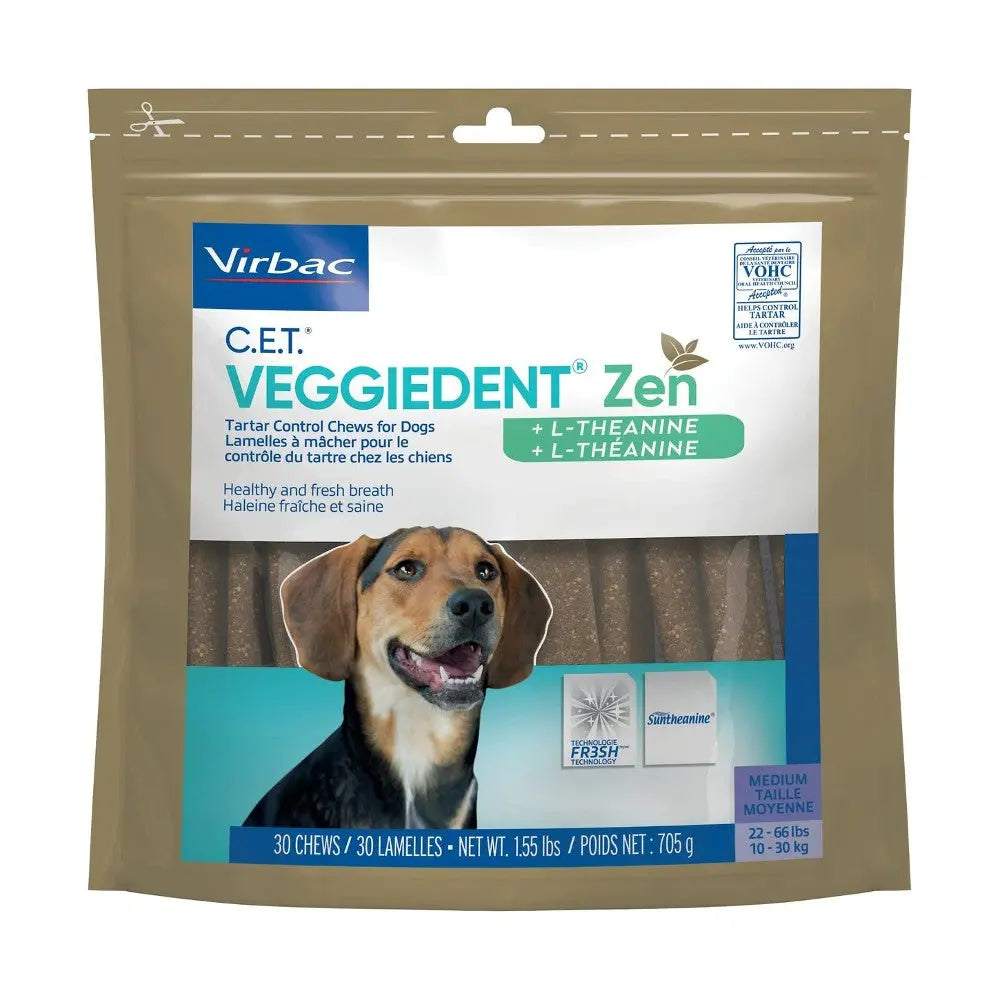 Virbac C.E.T. Veggiedent Zen chews for dogs, promoting fresh breath and tartar control.