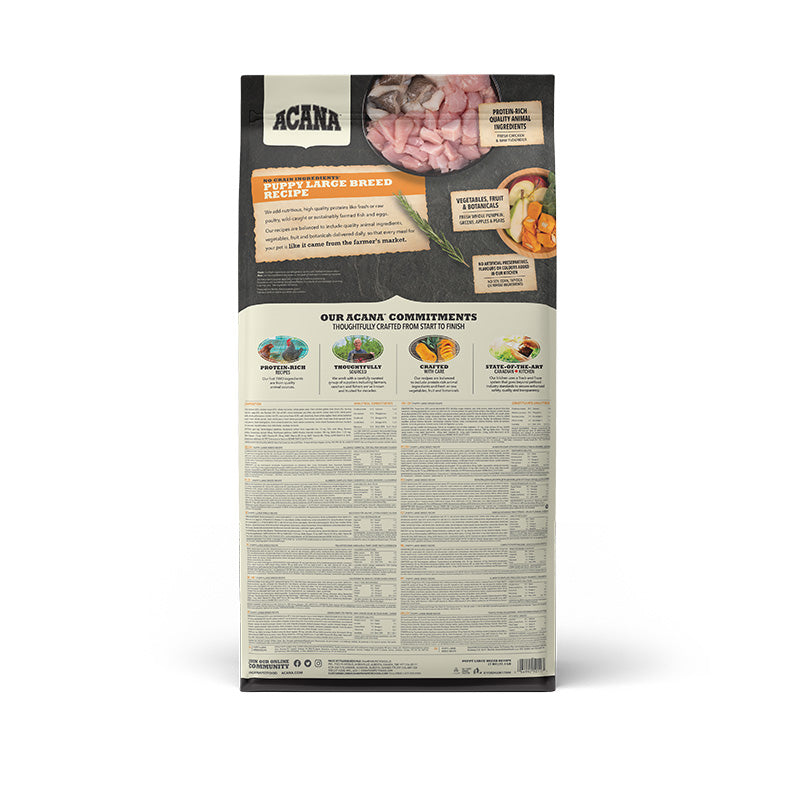 Acana Large Breed Puppy Food – back of bag packaging with nutrition details (South Africa)