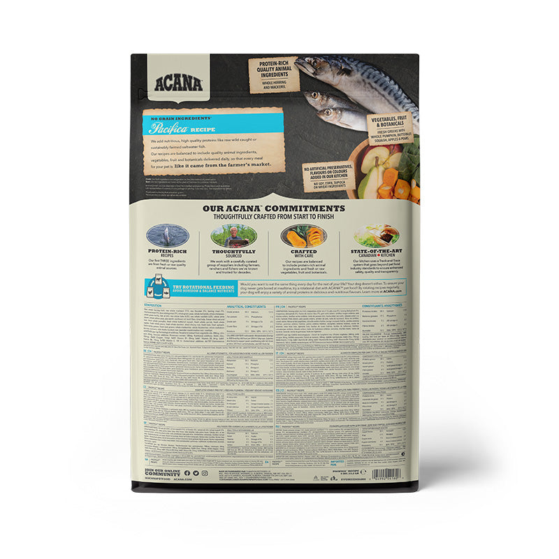 Acana Highest Protein Pacifica Recipe Dog Food – back of bag packaging with nutrition details (SA)